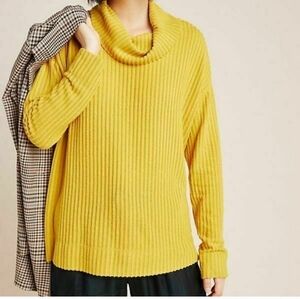 Maeve by Anthropologie Vanna Cowl Neck Textured Split Hem Mustard Yellow